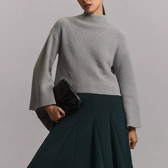 Anthropologie Maeve The Katey Mock-Neck Bell-Sleeve Sweater Grey M - Picture 3 of 9